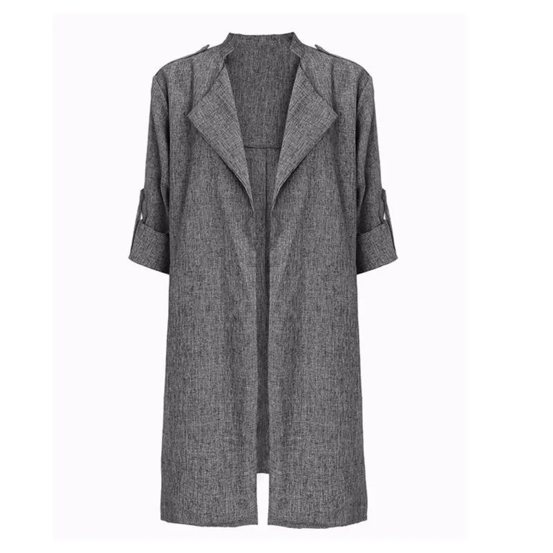 Women Slim Thin Outerwear Casual Lapel Windbreaker Cape CoatStyle Linen Cardigan Jacket US Plus Size S-7XL