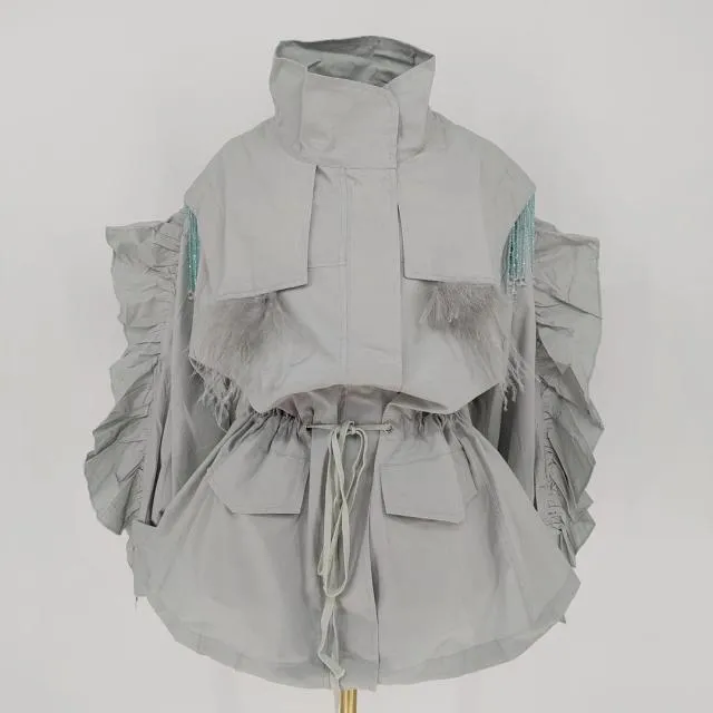 Women Trench Coat Tassel Beaded Lantern Sleeve Windbreaker