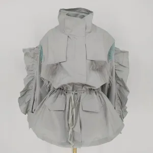 Women Trench Coat Tassel Beaded Lantern Sleeve Windbreaker