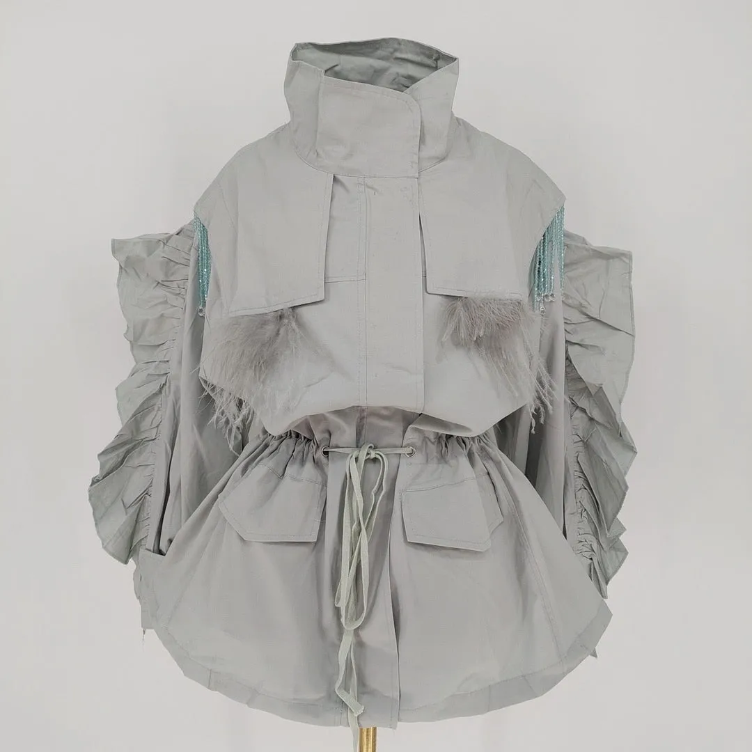 Women Trench Coat Tassel Beaded Lantern Sleeve Windbreaker