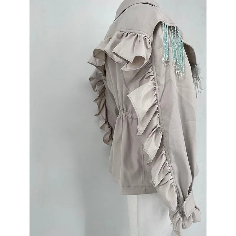 Women Trench Coat Tassel Beaded Lantern Sleeve Windbreaker