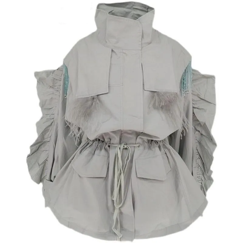 Women Trench Coat Tassel Beaded Lantern Sleeve Windbreaker