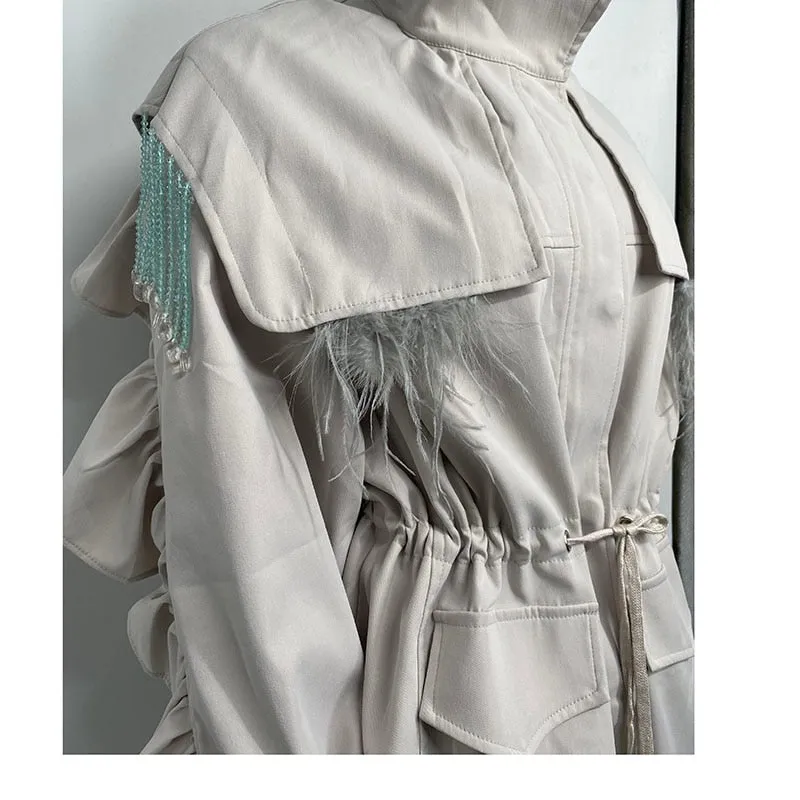 Women Trench Coat Tassel Beaded Lantern Sleeve Windbreaker