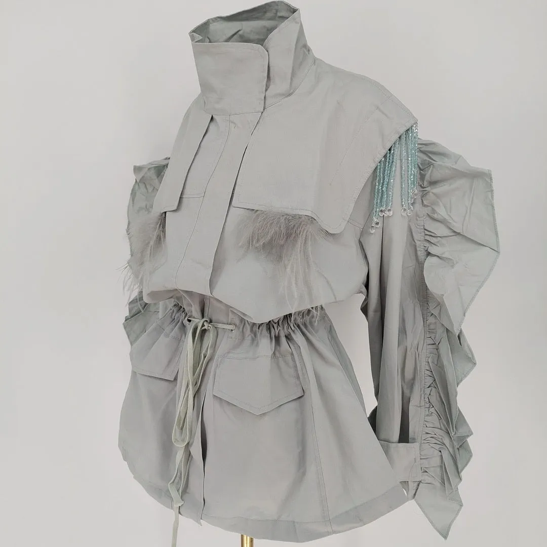 Women Trench Coat Tassel Beaded Lantern Sleeve Windbreaker