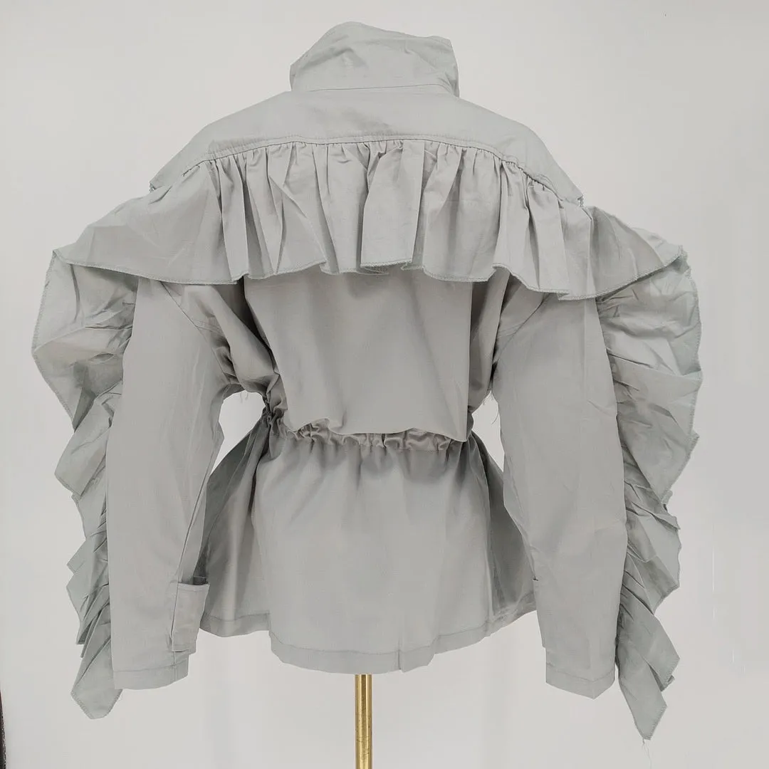 Women Trench Coat Tassel Beaded Lantern Sleeve Windbreaker