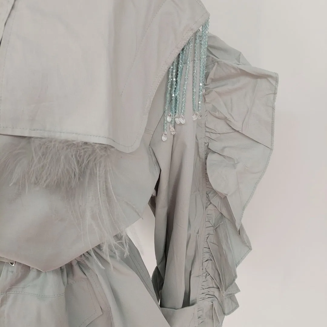 Women Trench Coat Tassel Beaded Lantern Sleeve Windbreaker