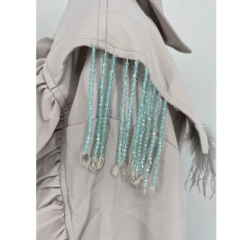 Women Trench Coat Tassel Beaded Lantern Sleeve Windbreaker