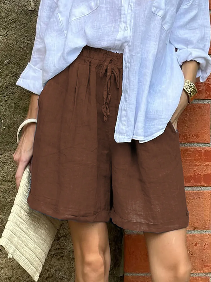 Women's Casual Elastic Waist Cotton and Linen Shorts