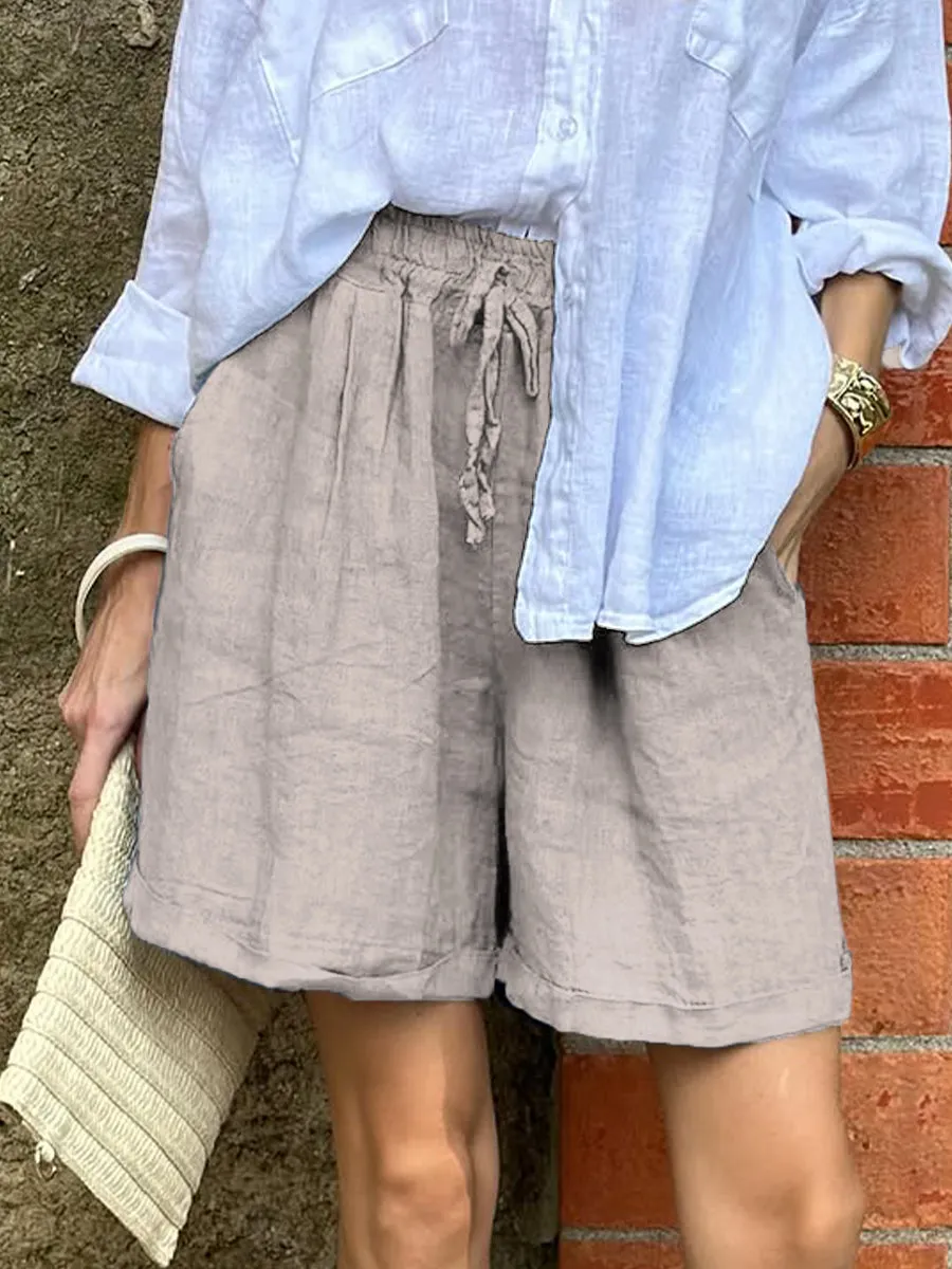 Women's Casual Elastic Waist Cotton and Linen Shorts
