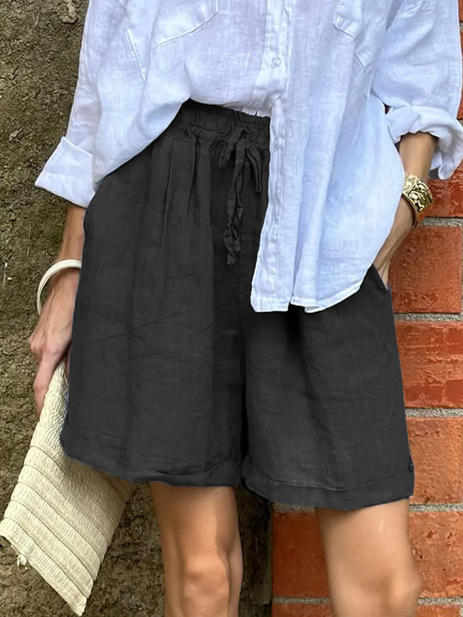 Women's Casual Elastic Waist Cotton and Linen Shorts