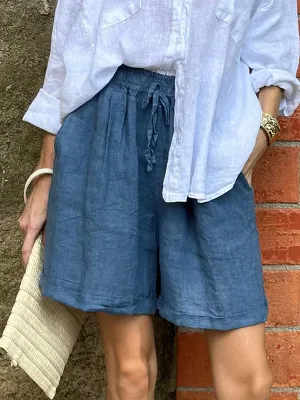 Women's Casual Elastic Waist Cotton and Linen Shorts