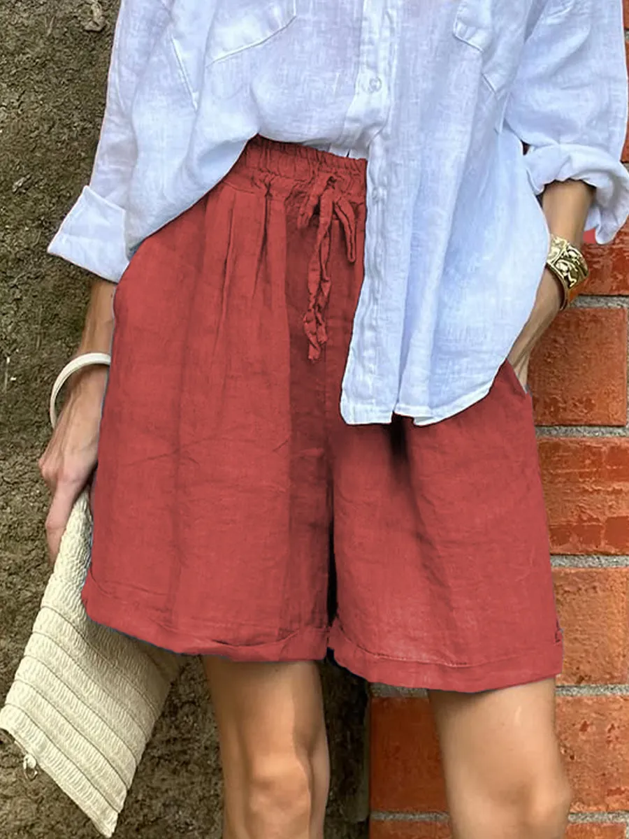 Women's Casual Elastic Waist Cotton and Linen Shorts