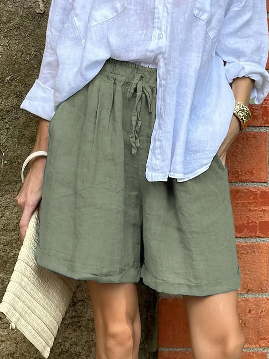 Women's Casual Elastic Waist Cotton and Linen Shorts