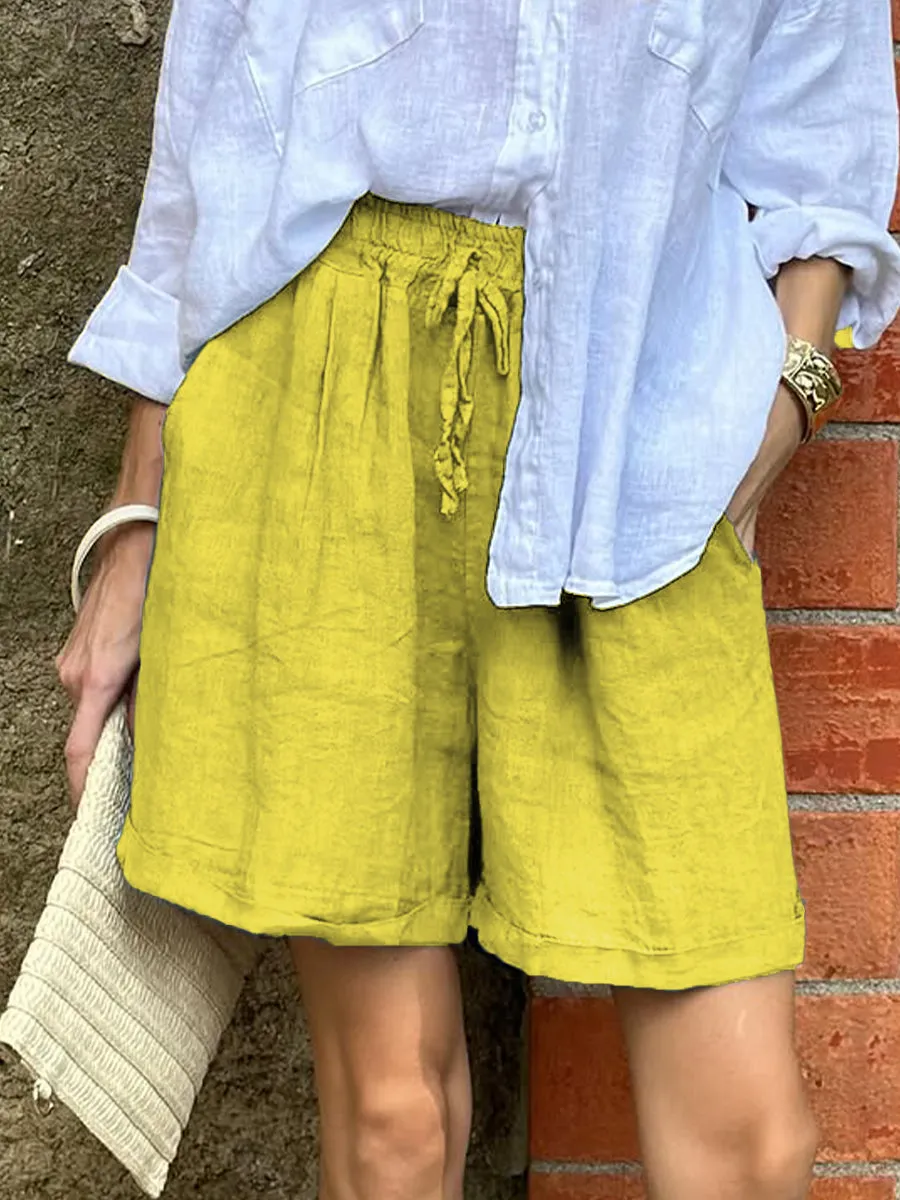Women's Casual Elastic Waist Cotton and Linen Shorts