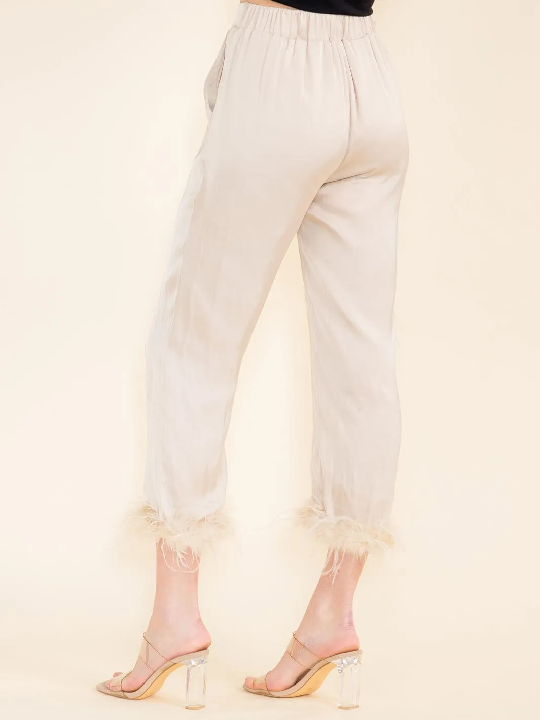 WOMEN'S ELASTIC WAIST FRONT POCKETS FEATHER LEG DETAILED PANTS