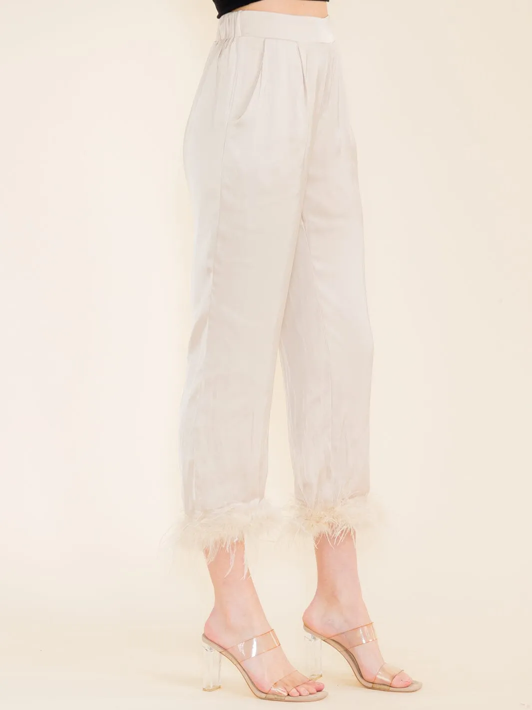 WOMEN'S ELASTIC WAIST FRONT POCKETS FEATHER LEG DETAILED PANTS