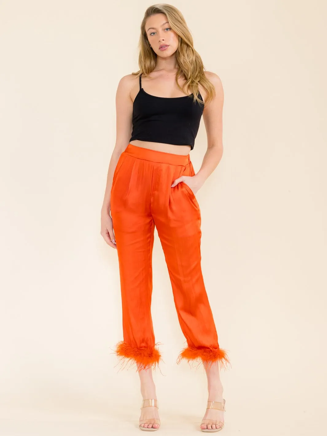 WOMEN'S ELASTIC WAIST FRONT POCKETS FEATHER LEG DETAILED PANTS