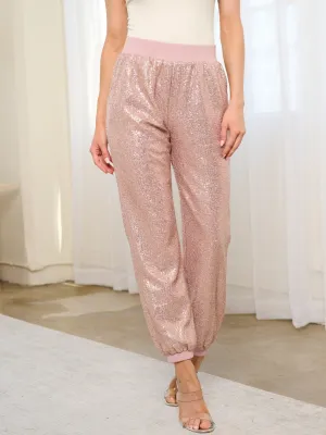 WOMEN'S ELASTIC WAIST FRONT POCKETS SEQUINS JOGGER PANTS