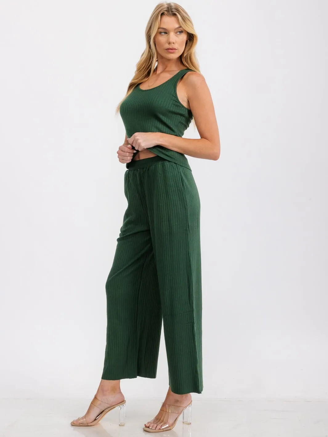 WOMEN'S ELASTIC WAIST FRONT POCKETS WIDE LEG RIBBED PANTS