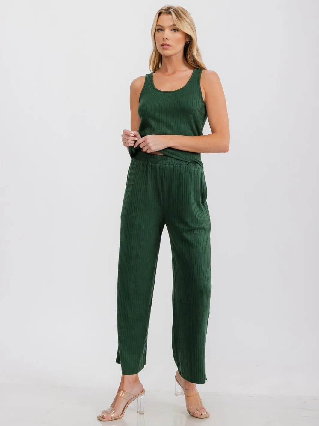 WOMEN'S ELASTIC WAIST FRONT POCKETS WIDE LEG RIBBED PANTS
