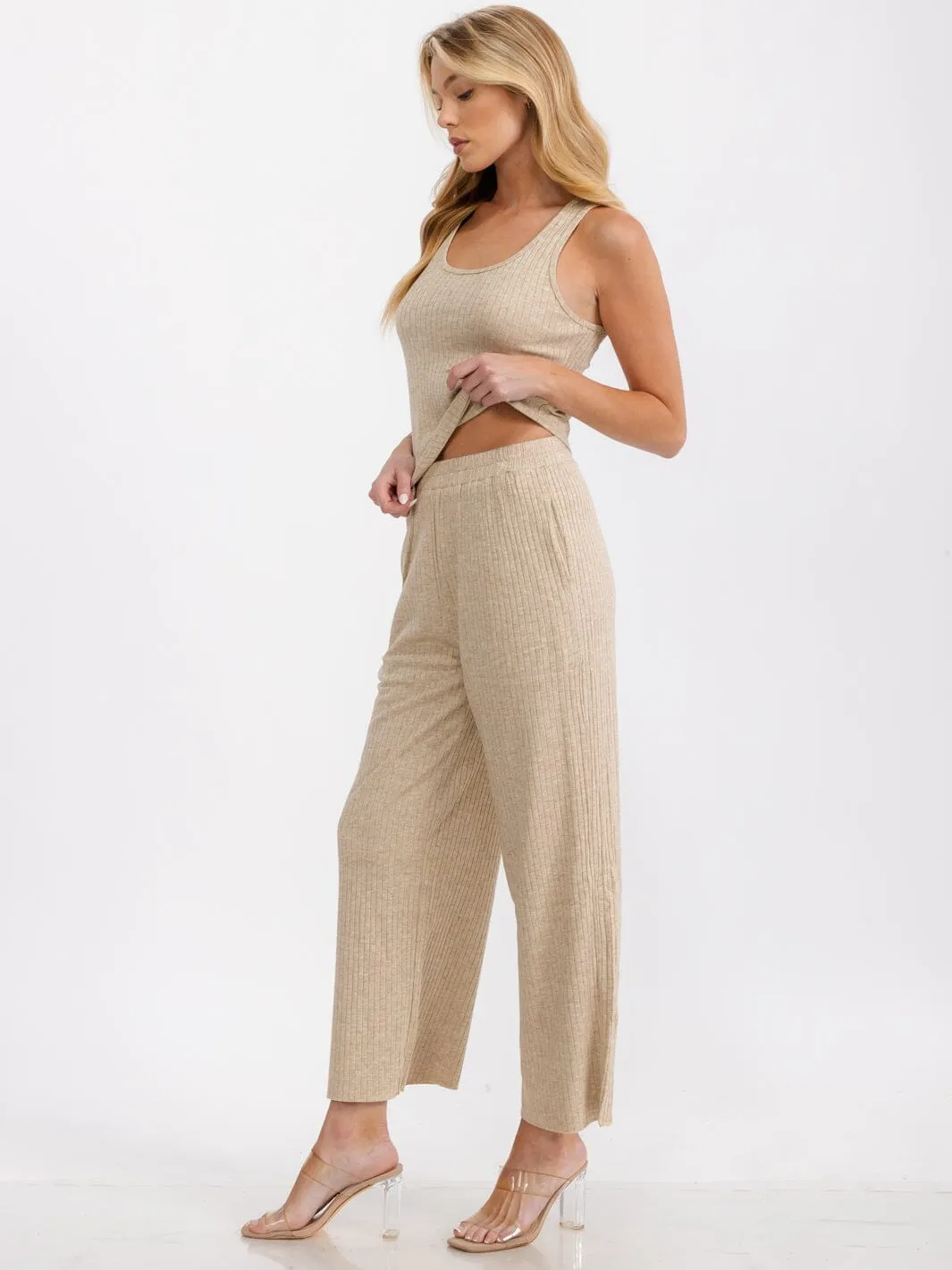 WOMEN'S ELASTIC WAIST FRONT POCKETS WIDE LEG RIBBED PANTS