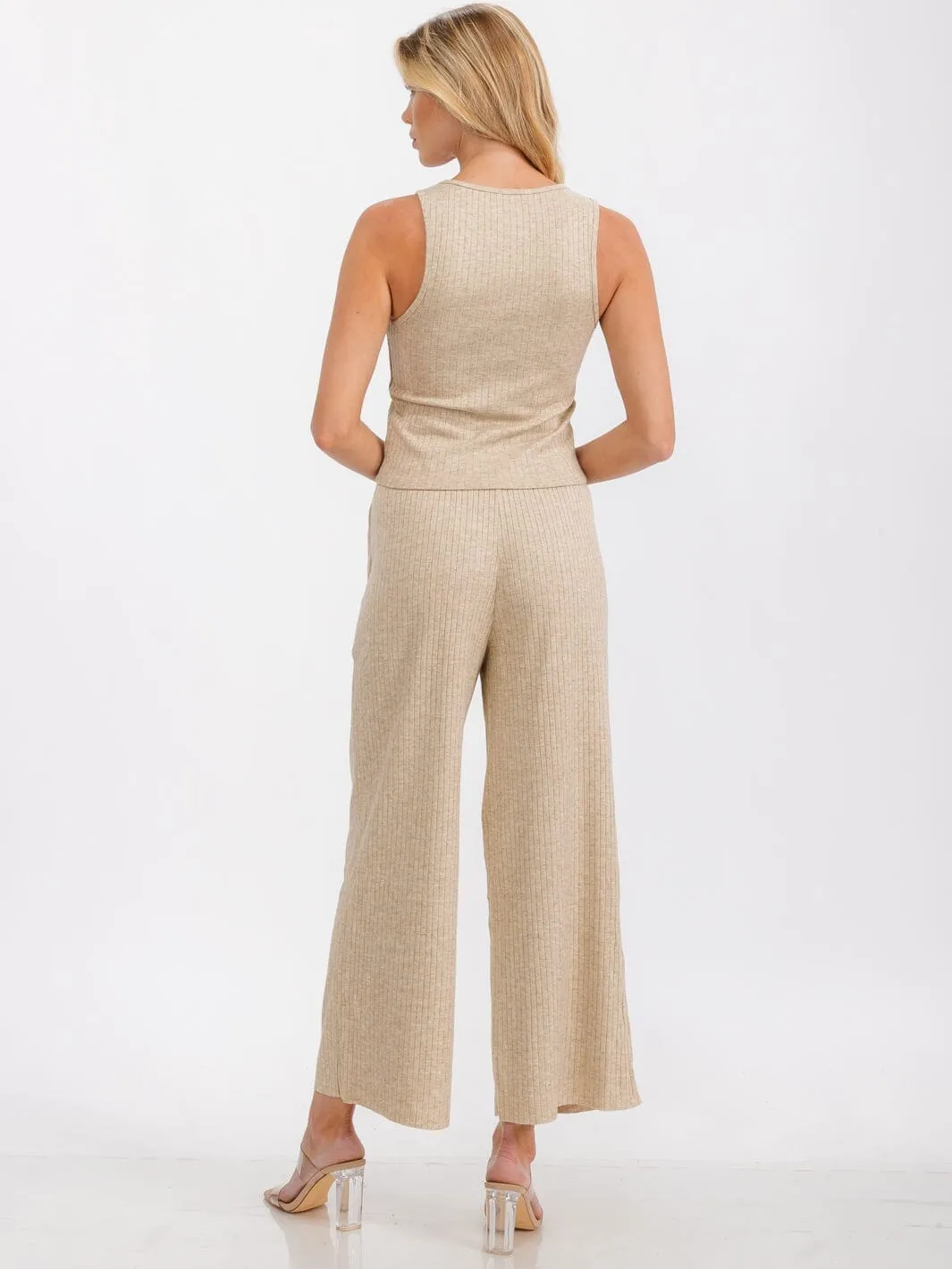 WOMEN'S ELASTIC WAIST FRONT POCKETS WIDE LEG RIBBED PANTS