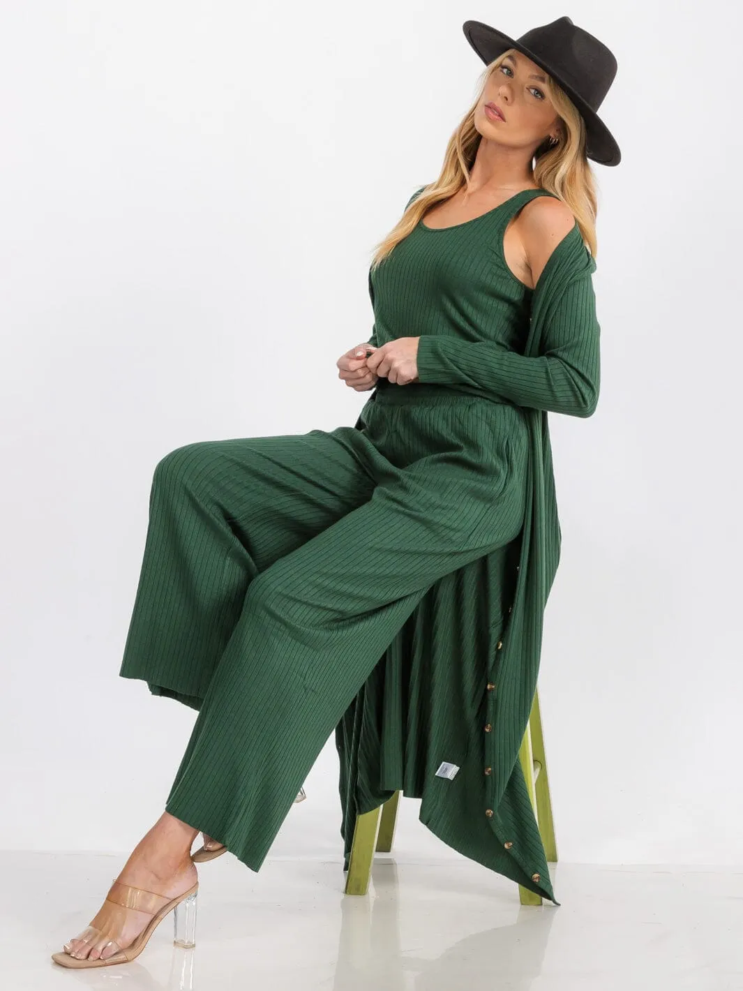 WOMEN'S ELASTIC WAIST FRONT POCKETS WIDE LEG RIBBED PANTS