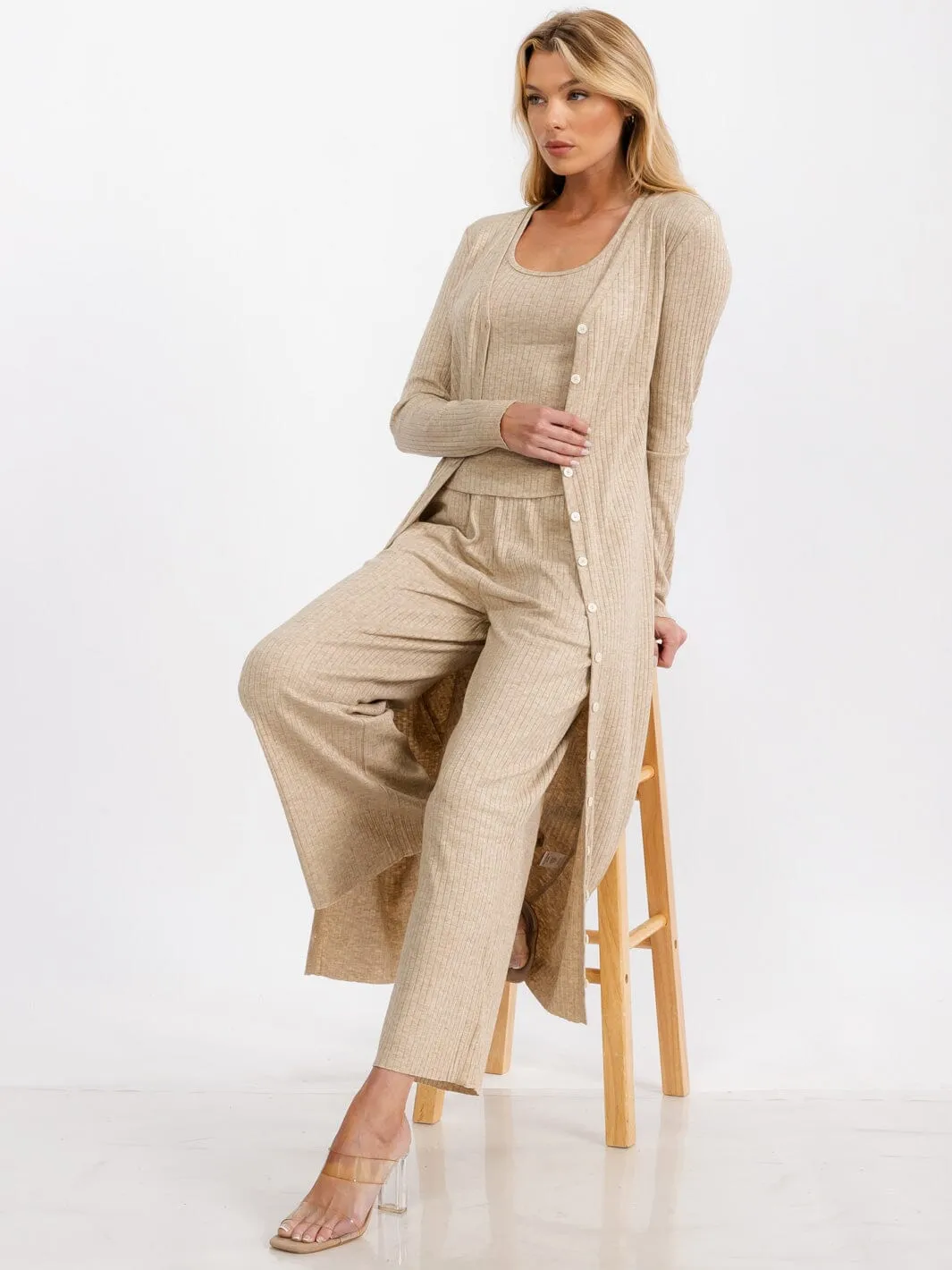 WOMEN'S ELASTIC WAIST FRONT POCKETS WIDE LEG RIBBED PANTS