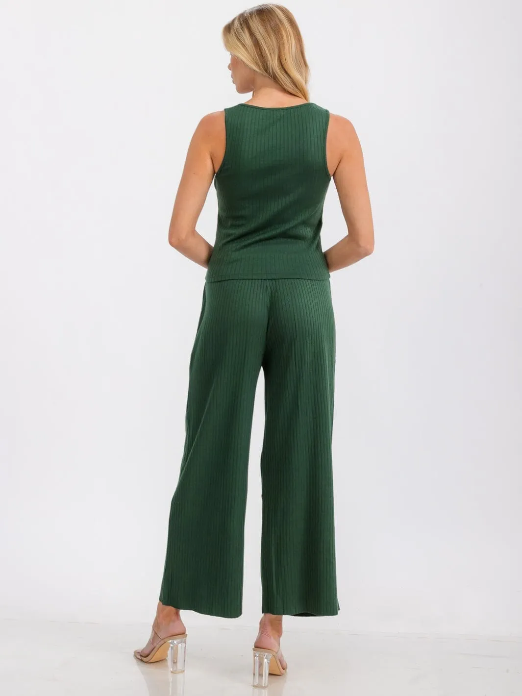 WOMEN'S ELASTIC WAIST FRONT POCKETS WIDE LEG RIBBED PANTS