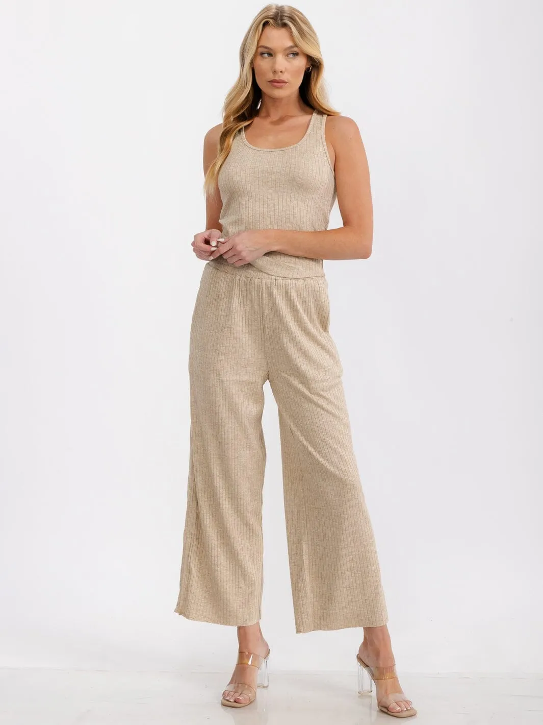 WOMEN'S ELASTIC WAIST FRONT POCKETS WIDE LEG RIBBED PANTS
