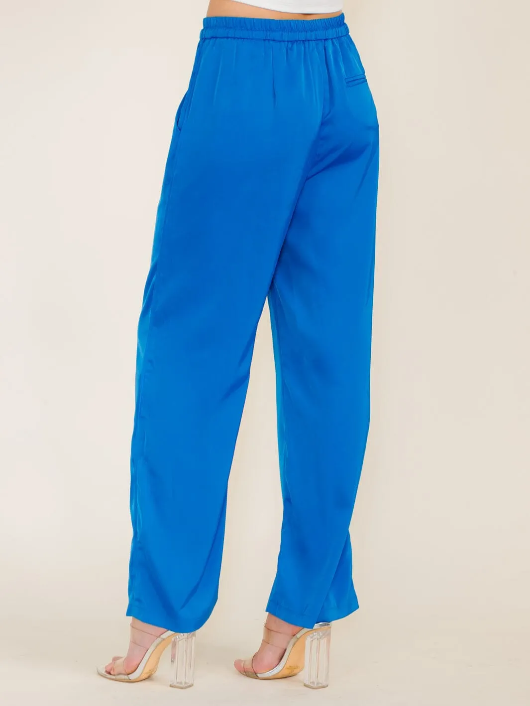 WOMEN'S ELASTIC WAIST POCKETS WIDE LEG PANTS