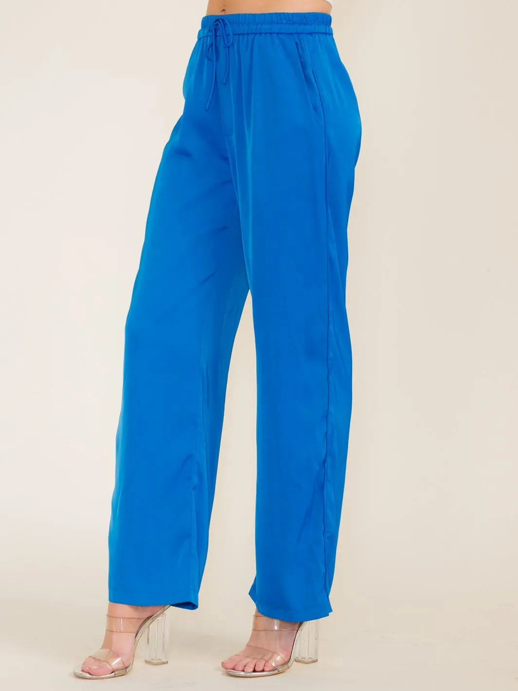 WOMEN'S ELASTIC WAIST POCKETS WIDE LEG PANTS