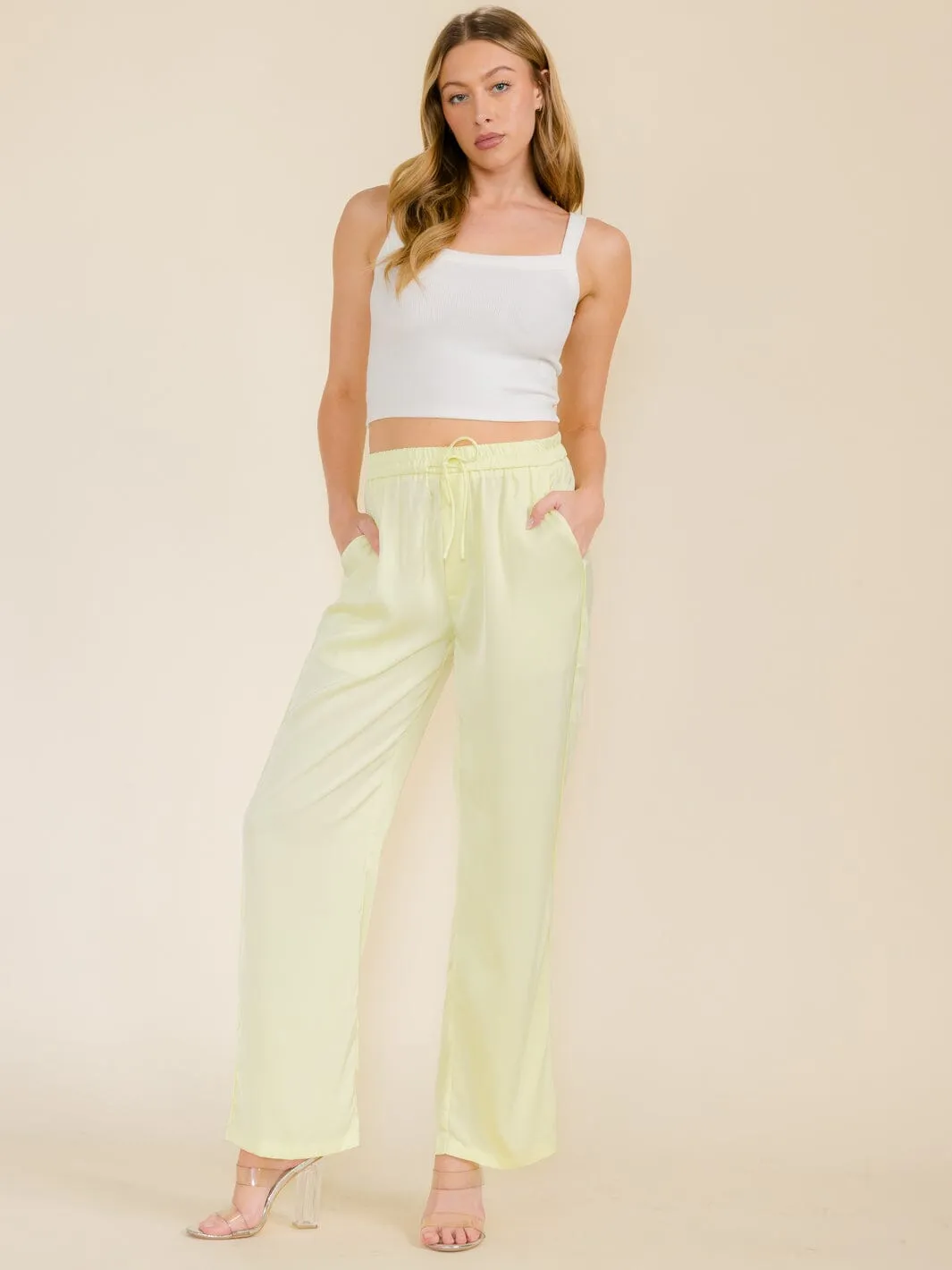 WOMEN'S ELASTIC WAIST POCKETS WIDE LEG PANTS