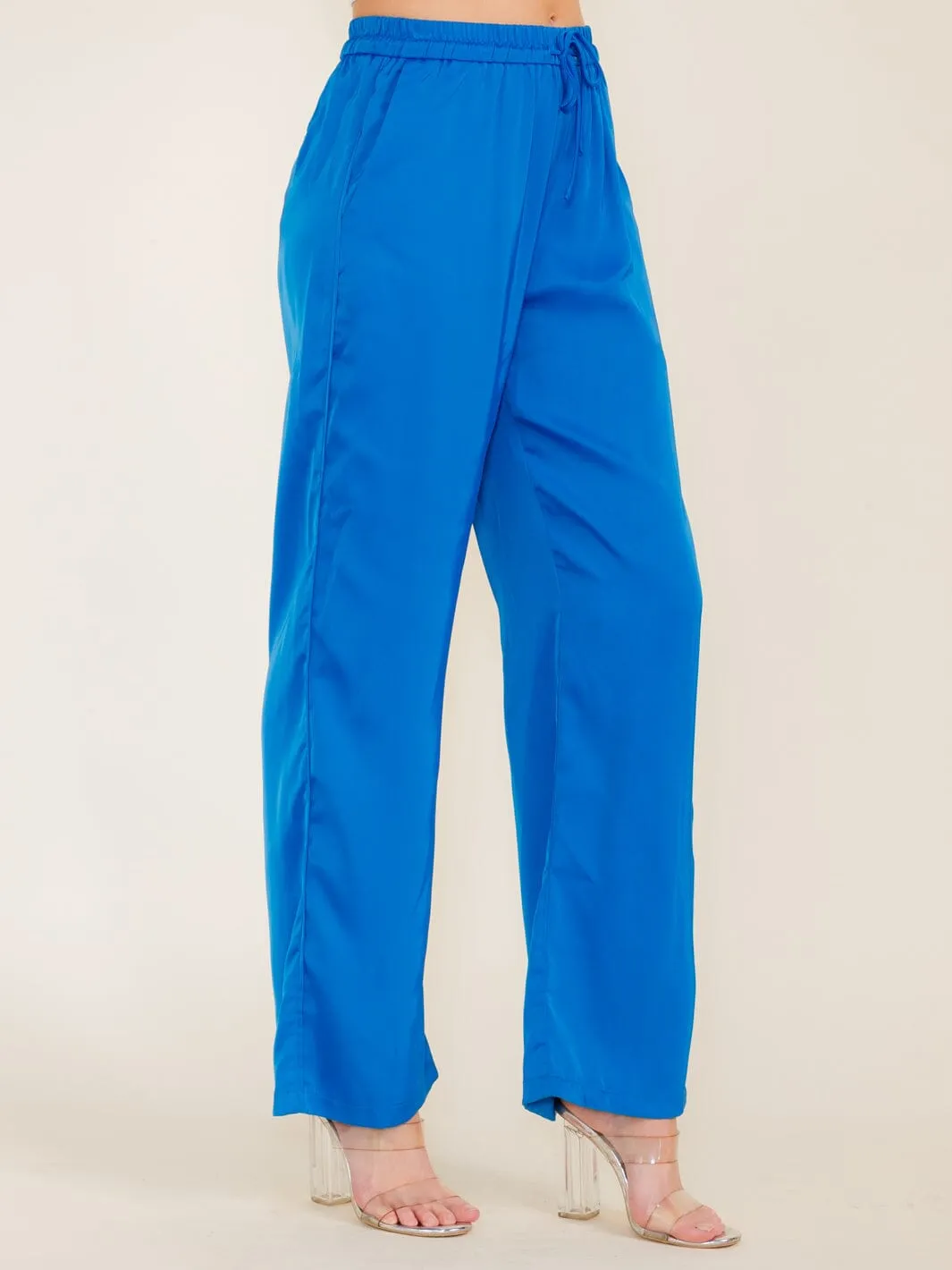 WOMEN'S ELASTIC WAIST POCKETS WIDE LEG PANTS