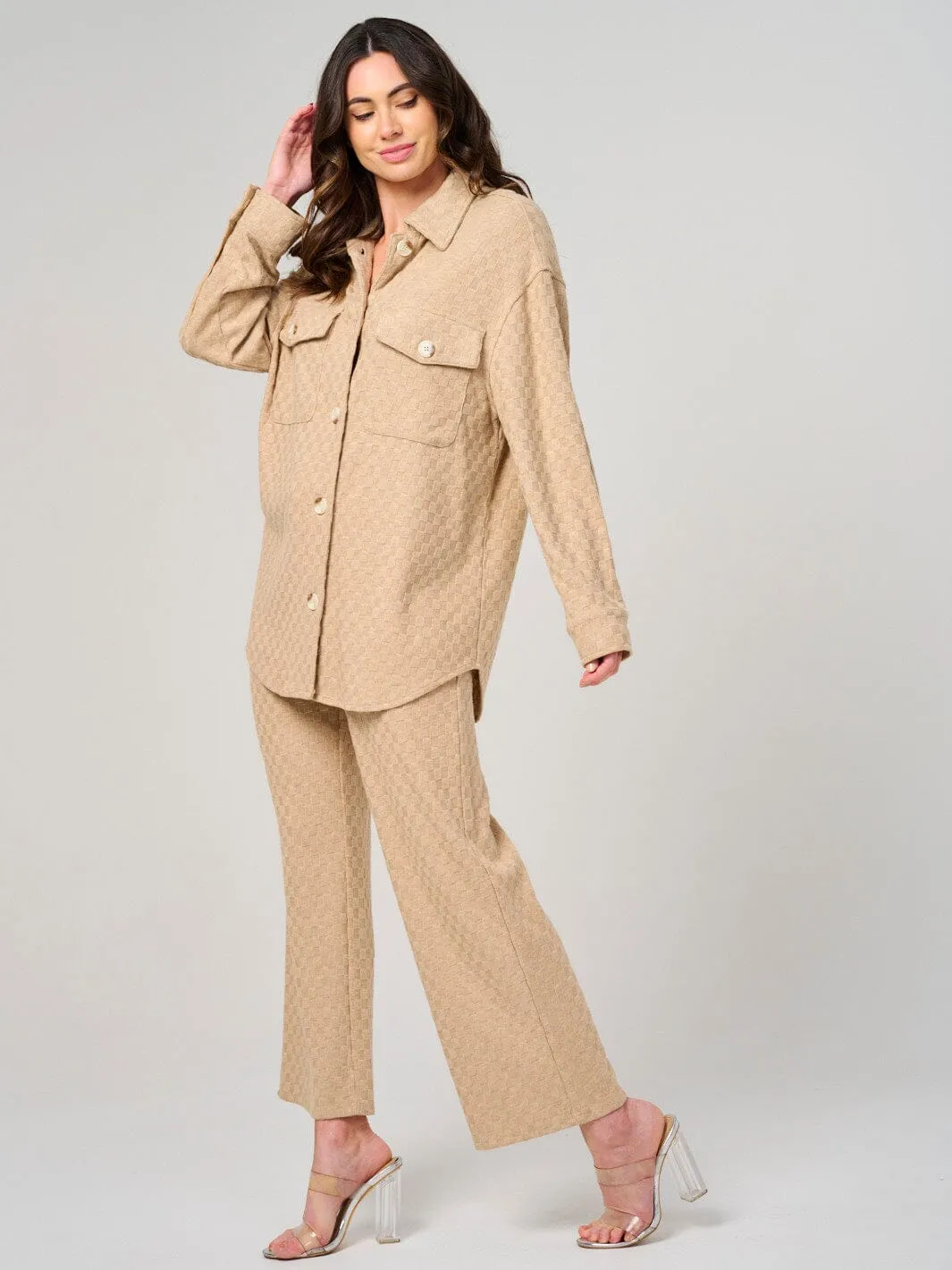 WOMEN'S ELASTIC WAIST SELF TIE FRONT POCKETS CHECKER WIDE LEG PANTS