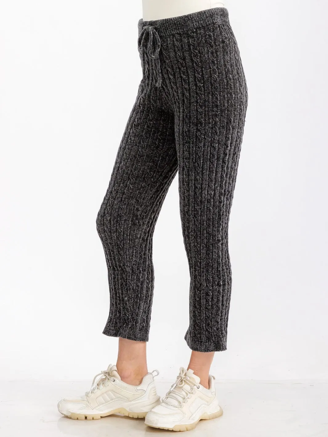WOMEN'S ELASTIC WAIST SELF TIE KNIT SKINNY LEG SWEAT PANTS