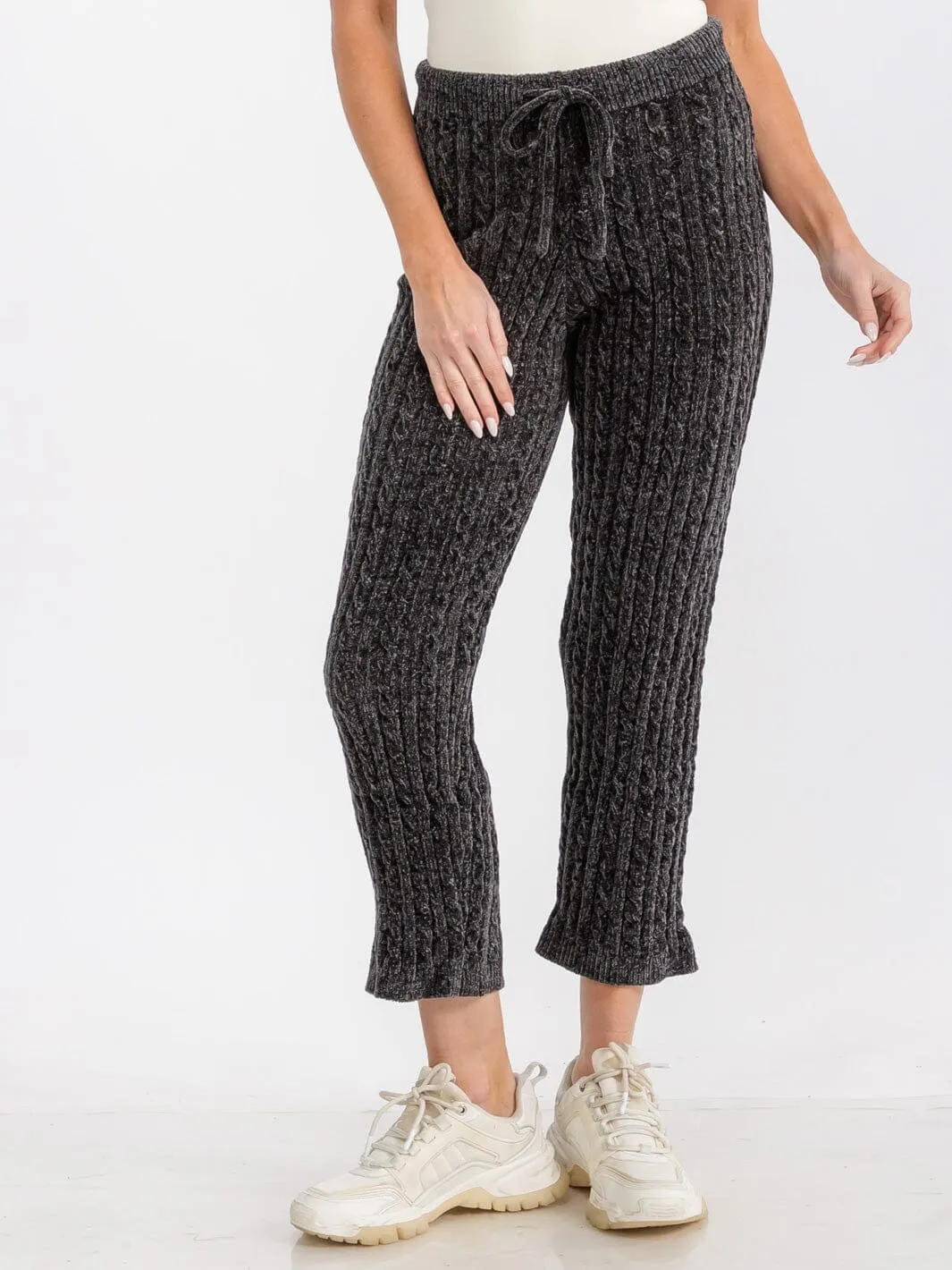 WOMEN'S ELASTIC WAIST SELF TIE KNIT SKINNY LEG SWEAT PANTS