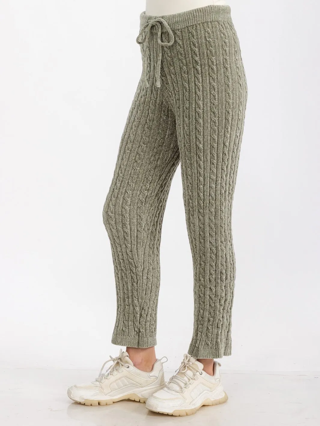 WOMEN'S ELASTIC WAIST SELF TIE KNIT SKINNY LEG SWEAT PANTS
