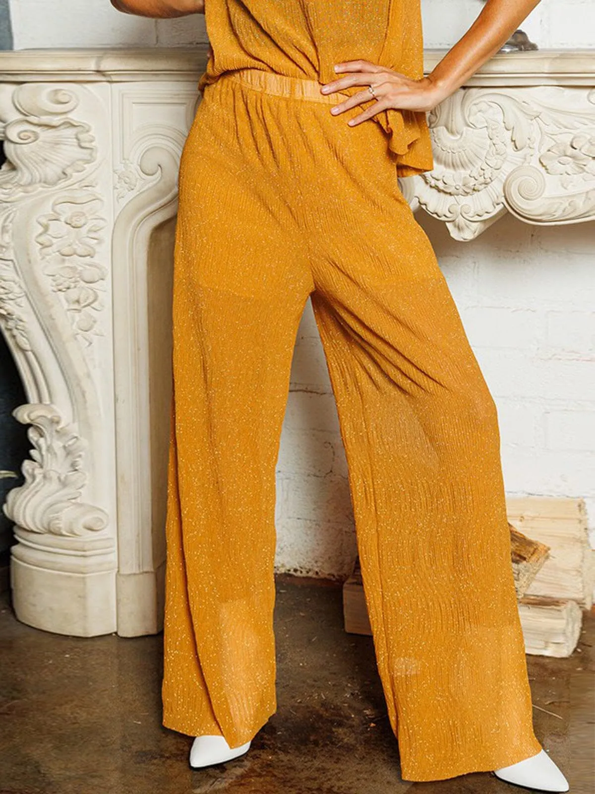 WOMEN'S ELASTIC WAIST SHIMMER WIDE LEG PANTS