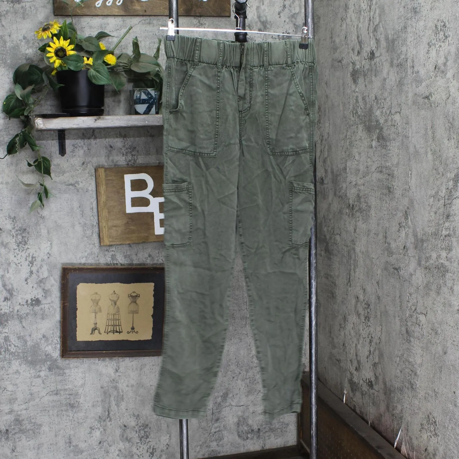 Womens Elastic Waist Smooth Denim Pants Green See Measurements