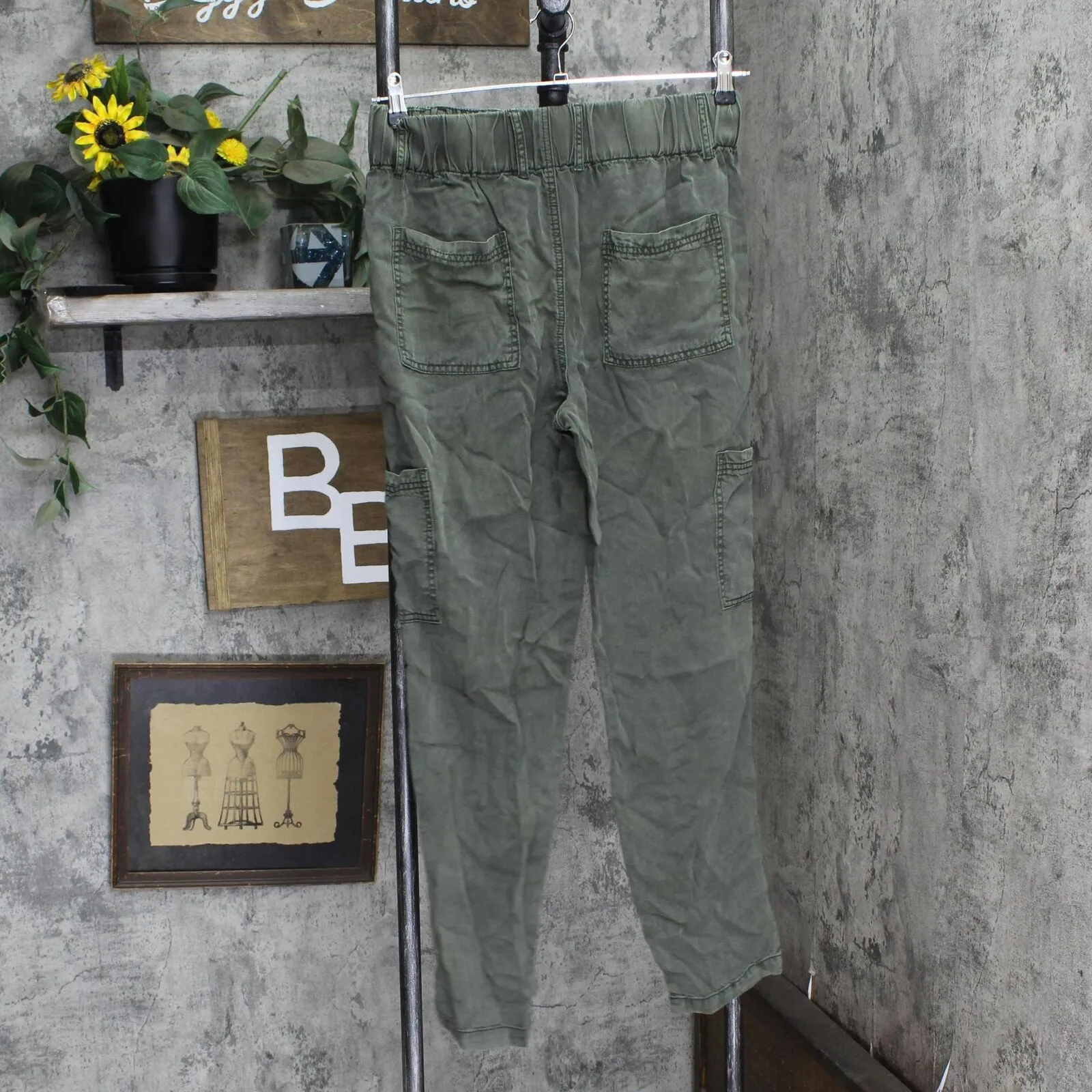 Womens Elastic Waist Smooth Denim Pants Green See Measurements