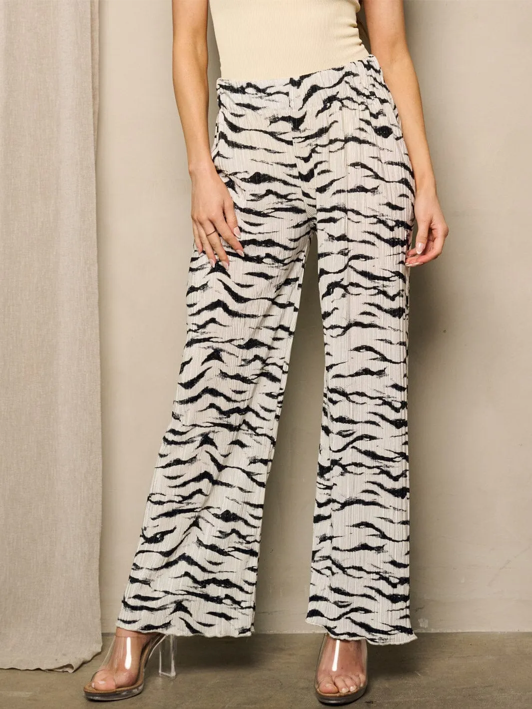 WOMEN'S ELASTIC WAIST WIDE LEG ZEBRA PRINT PANTS