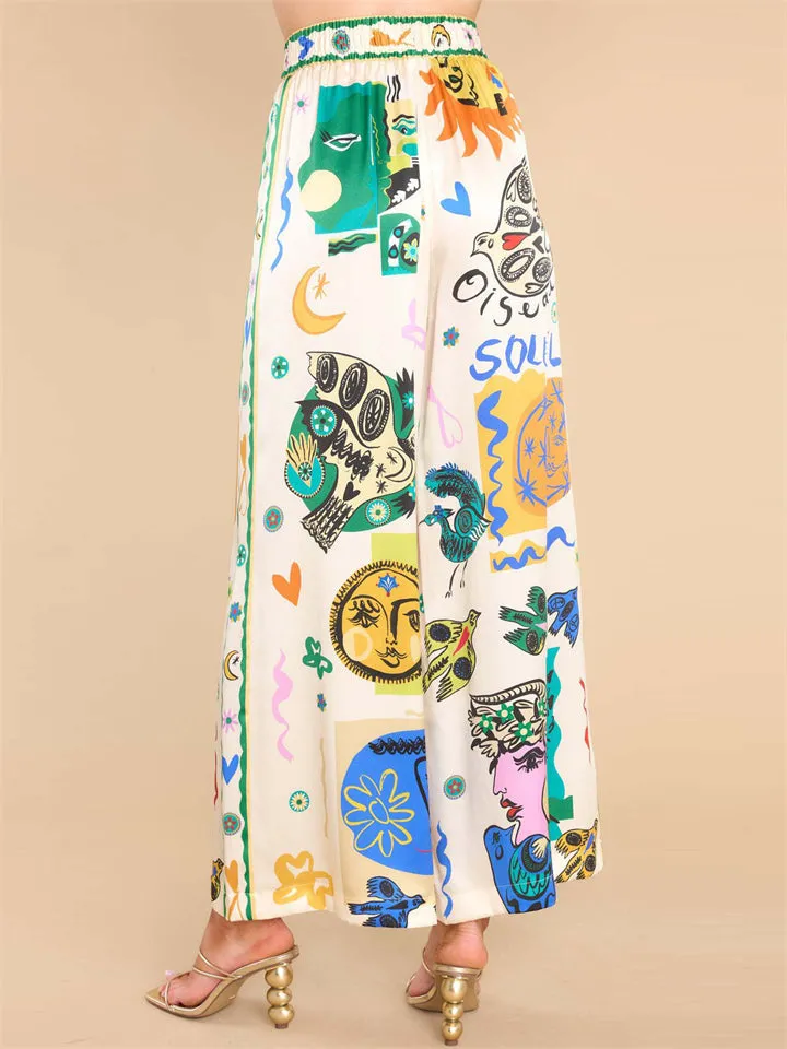 Women's Soft Satin Elastic Waist Graffiti Straight-Leg Pants