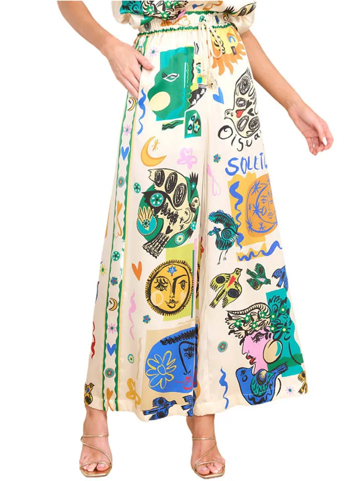 Women's Soft Satin Elastic Waist Graffiti Straight-Leg Pants