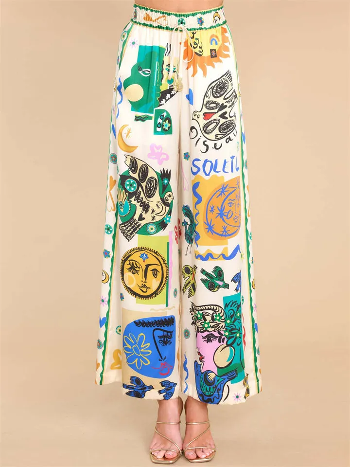 Women's Soft Satin Elastic Waist Graffiti Straight-Leg Pants