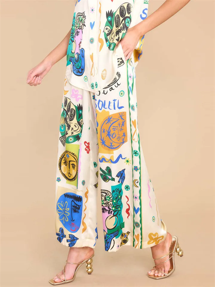 Women's Soft Satin Elastic Waist Graffiti Straight-Leg Pants