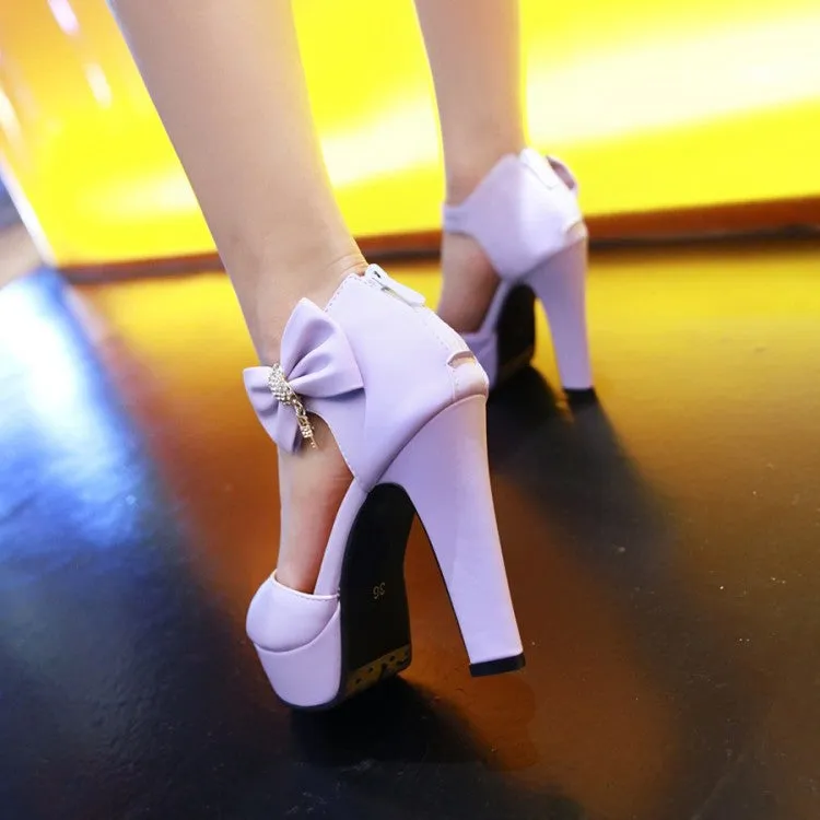 Women's Solid Color Butterfly Knot Rhinestone High Heel Platform Sandals