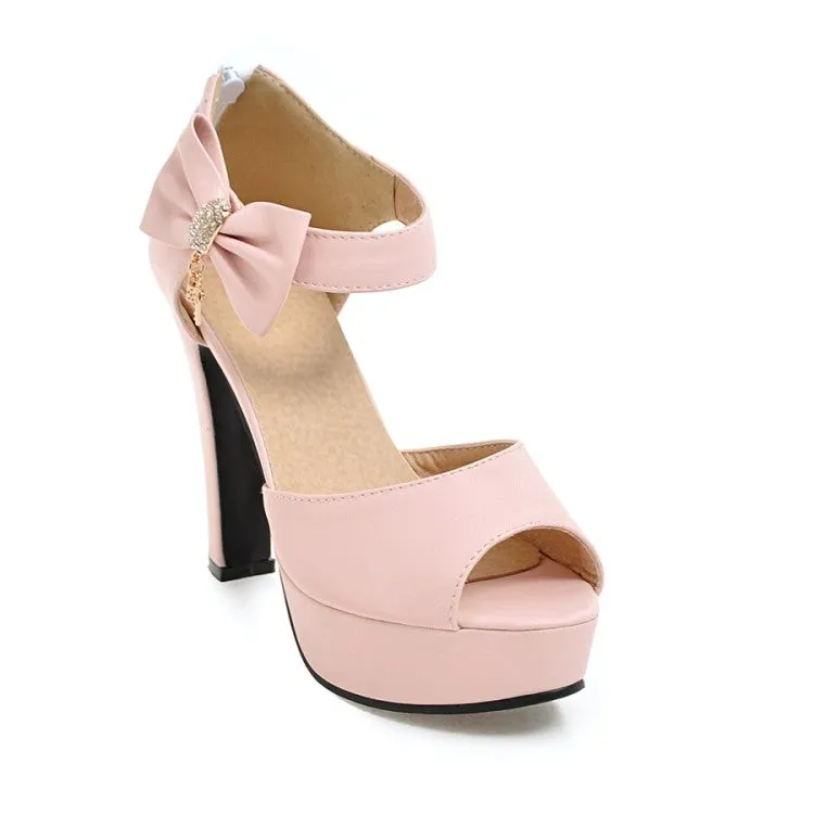Women's Solid Color Butterfly Knot Rhinestone High Heel Platform Sandals