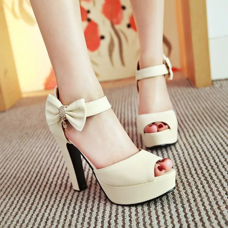 Women's Solid Color Butterfly Knot Rhinestone High Heel Platform Sandals