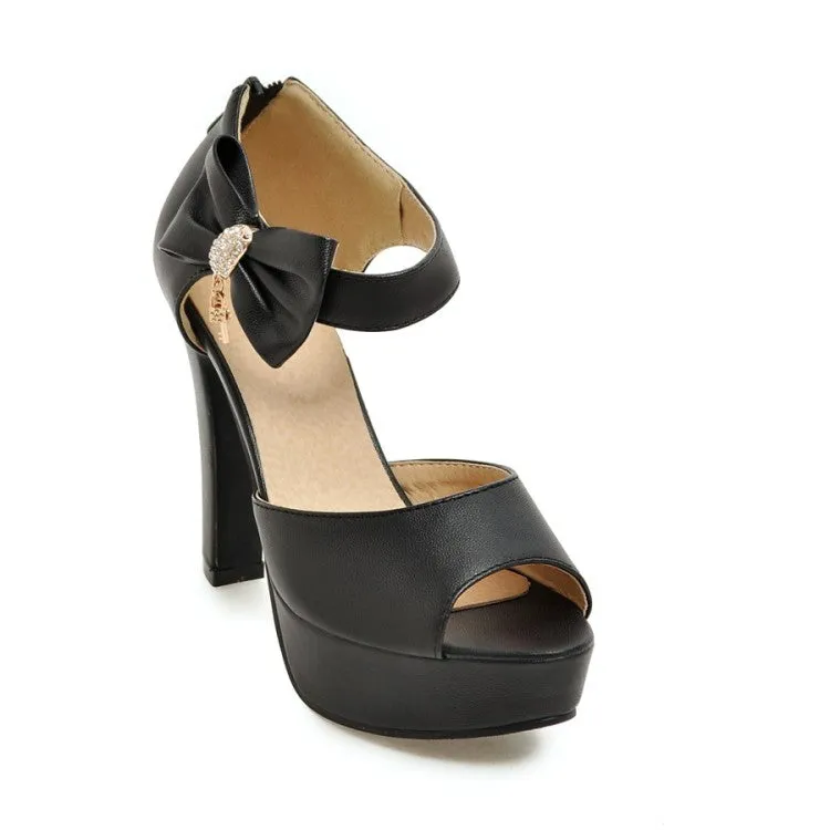 Women's Solid Color Butterfly Knot Rhinestone High Heel Platform Sandals